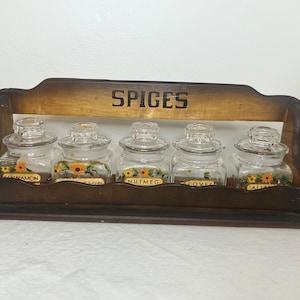 Vintage Wooden Spice Rack shelf with 5 glass jars apothecary bottles spice jars farmhouse kitchen country kitchen cottagecore