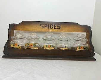 Vintage Wooden Spice Rack shelf with 5 glass jars apothecary bottles spice jars farmhouse kitchen country kitchen cottagecore