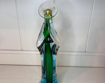 Vintage Murano Art Glass Virgin Mary figure Madonna statue MCM decor holiday decor religious decor green blue glass