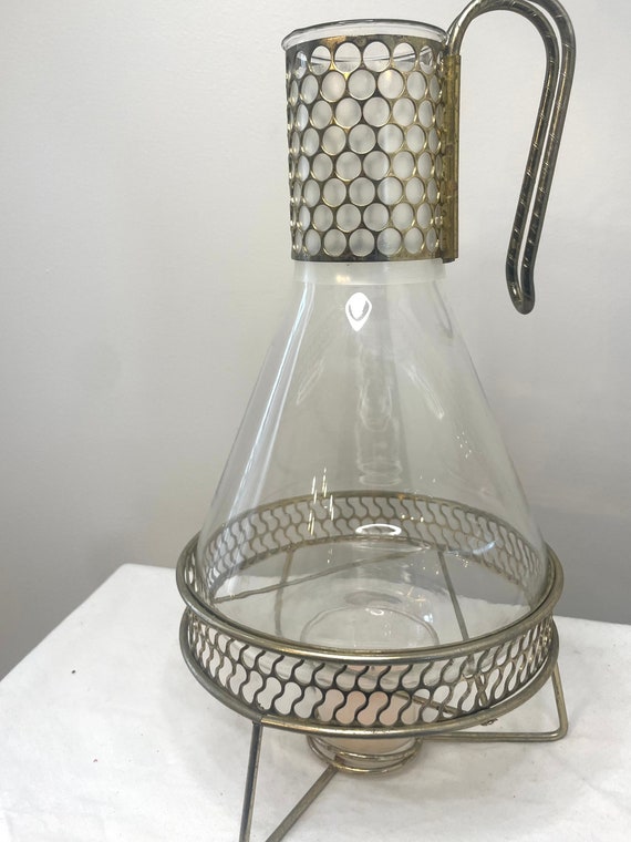 Vintage Pyrex Coffee Carafe Glassware With Brass Metal Warming Stand MCM Decor Etsy