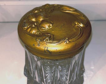 Antique vintage Art Nouveau Heavy Glass Ornate Metal Lid Humidor Jar vanity decor mcm Hollywood regency decor
