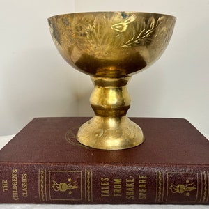 Vintage Etched Brass pedestal bowl vase urn trinket bowl mid century decor MCM