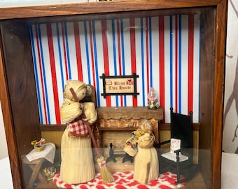 Vintage Straw Wicker Corn husk frame diorama  glass showdow box corn husk folk art primitive Cottagecore farm house decor