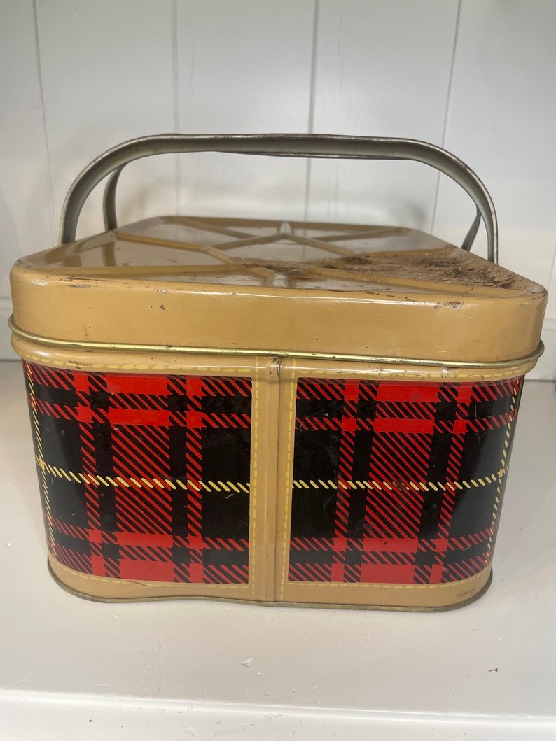 Rare Vintage Red Metal Tin Picnic Basket Antique Red Plaid Picnic