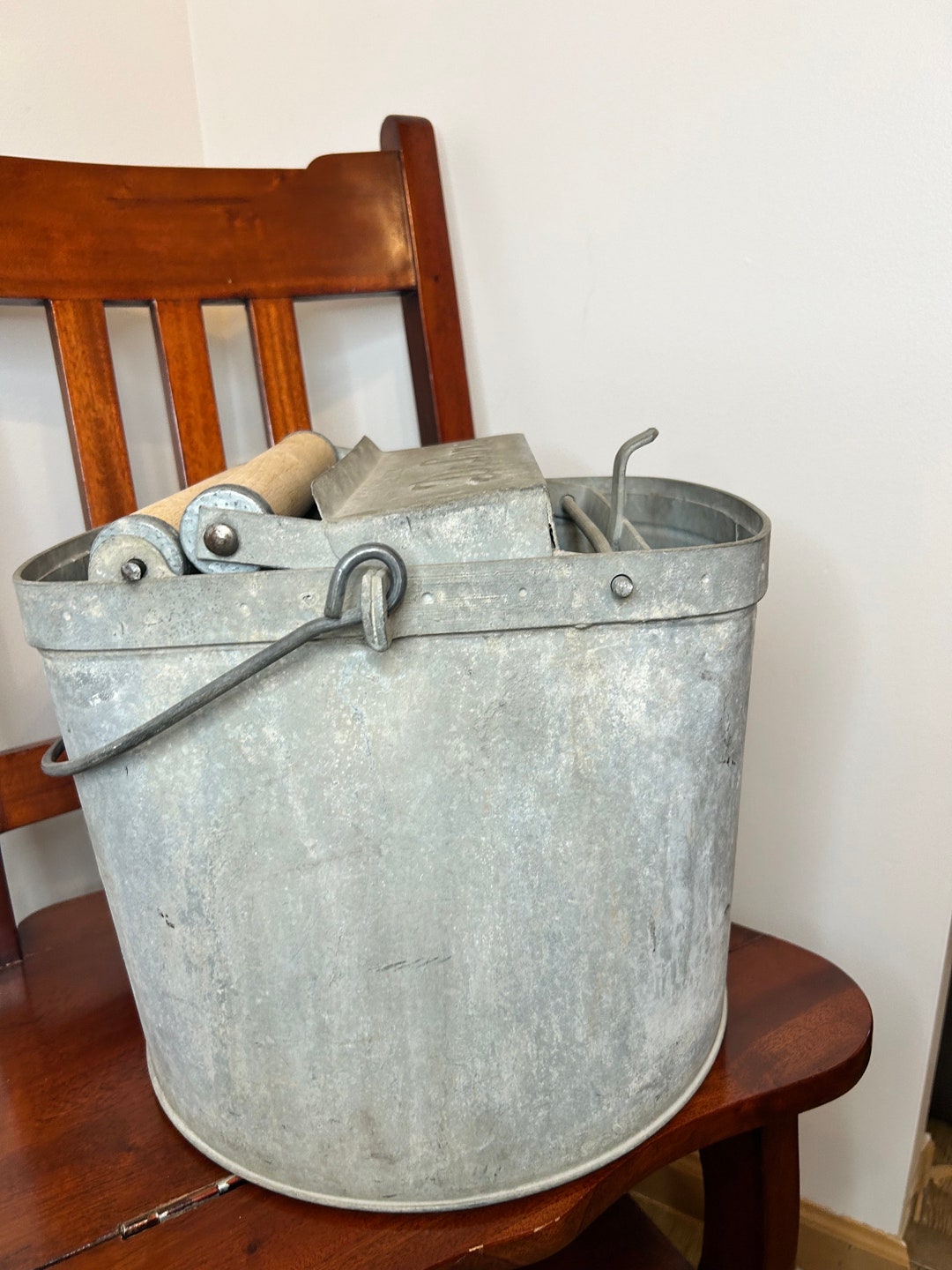Vintage Mop Bucket DELUXE Galvanized Mop Bucket 2 Wood Rollers With