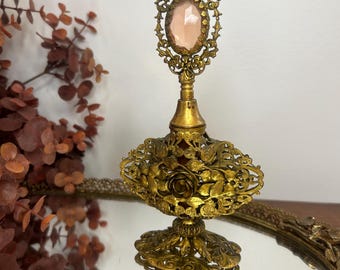 Vintage Ormolu Gold Gilt Rose Filigree Footed Perfume Bottle with glass Dauber and jeweled top vanity perfume bottle Hollywood Regency