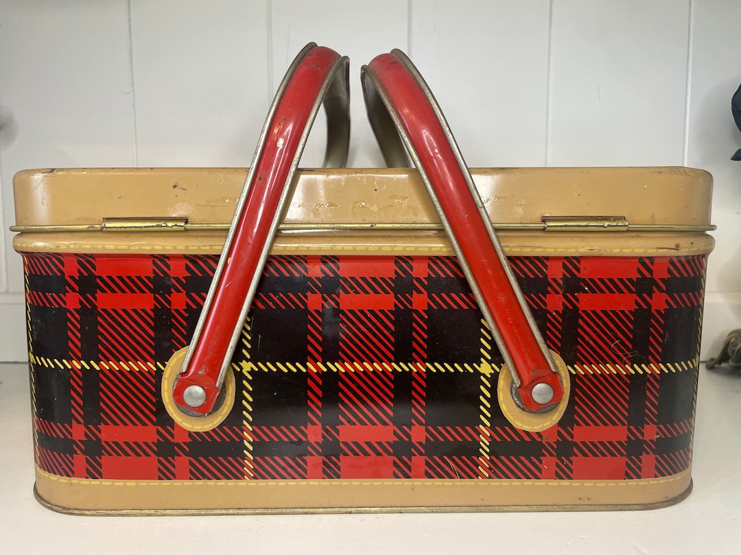 Rare Vintage Red Metal Tin Picnic Basket Antique Red Plaid Picnic ...