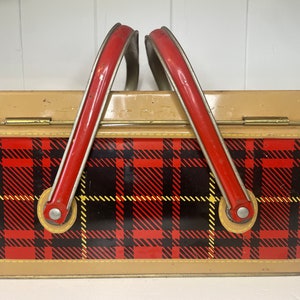 Rare Vintage red metal tin picnic basket antique red plaid picnic basket Nesco basket farmhouse cottage core decor Christmas decor