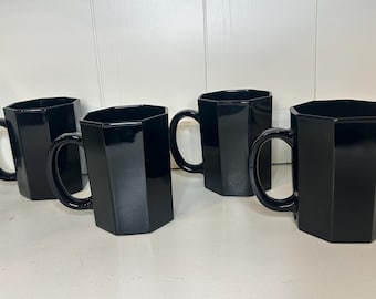Vintage set of Arcoroc Octime Black Mugs black glass mugs Arcoroc Frances set of 4 traditional decor dark academia vintage decor barware