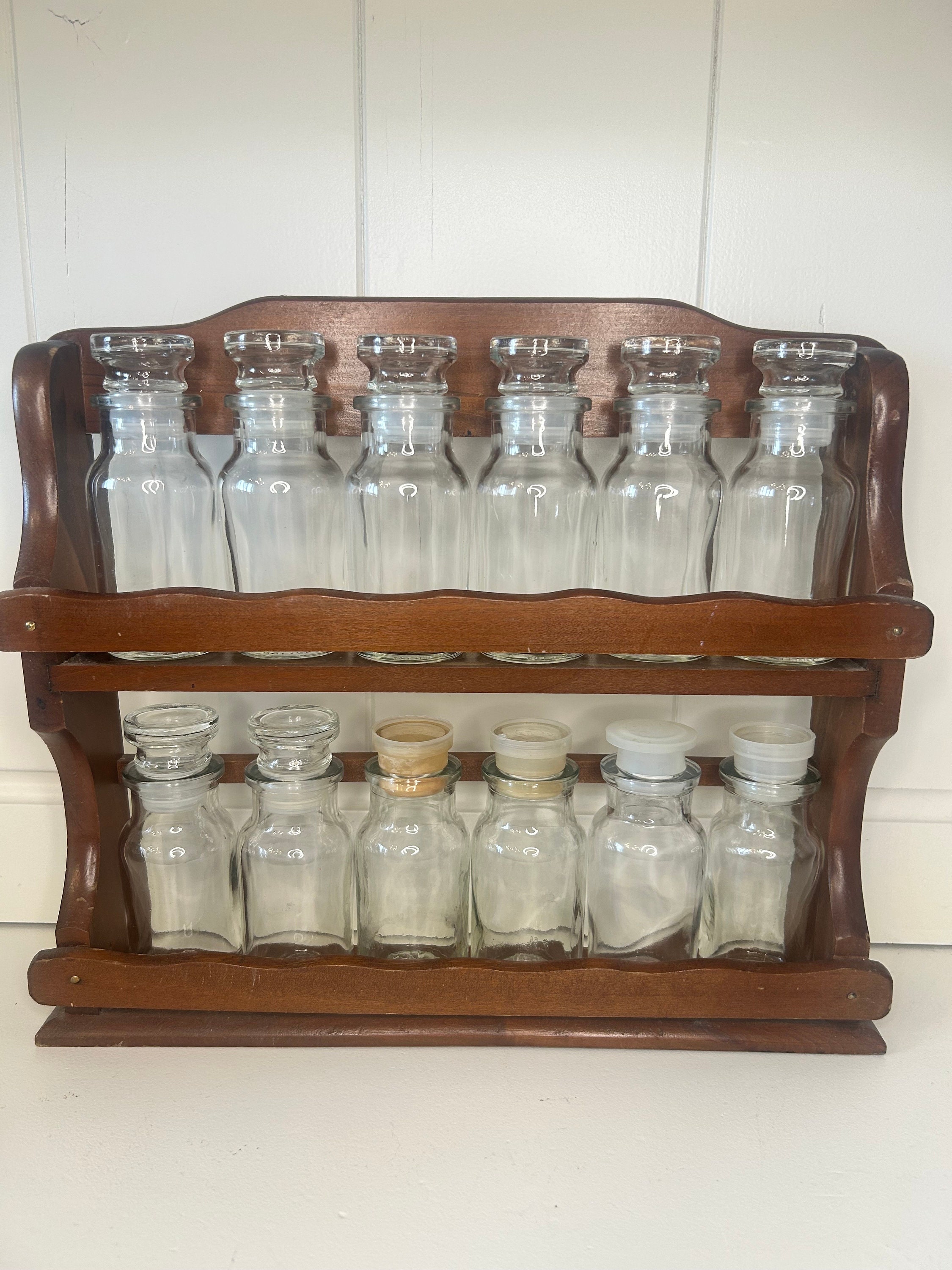 Vintage Wooden Spice Rack With 12 Glass Bottles Apothecary Bottles Farmhouse Kitchen Country Kitchen Vintage Kitchen Cottage Core Decor Etsy