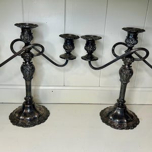 Pair of vintage silver plated 3 candlestick holders patina silver plates ornate candelabras dark academia decor gothic decor