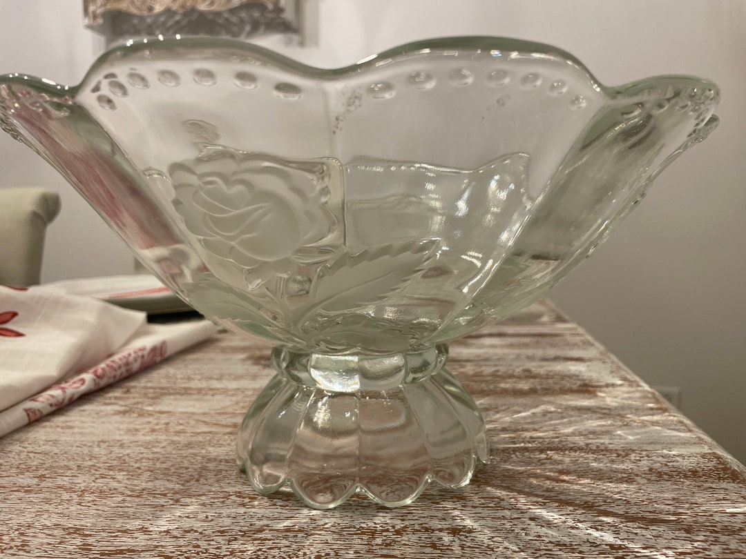 Vintage Large Pedestal Glass Bowl Rose Etched Details Centerpiece