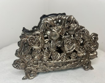 Vintage Silver Plated Basket of Roses Design Napkin Holder Or Mail Holder MCM