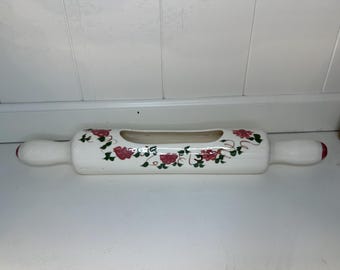 Vintage Hand Painted Ceramic Rolling Pin Planter/Recipe Stand  Floral rolling pin Grandmacore Cottagecore