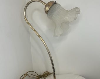 Vintage Ornate goose neck Lilly pad Lamp Working  Lamp Scalloped Edge glass flower shade gold tone Cottagecore decor MCM