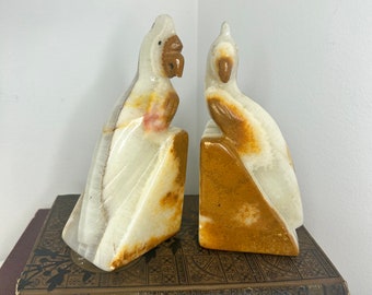 Pair of Art Deco Style Alabaster bird bookends Marble Parrot Bookends Vintage brown biege Cockatoo Bookends, Marble birds Bookends MCM