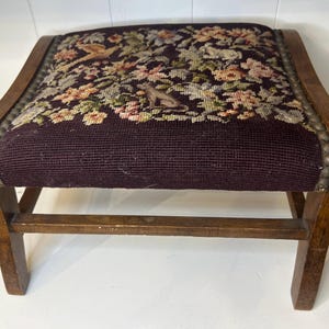 Vintage Victorian Wooden Footstool with Floral Tapestry needlepoint stool wood stool deep brown with cat bird and bunny design pastel stool