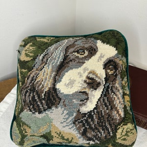 Vintage Spainel Dog Needlepoint decorative throw pillow with velvet back