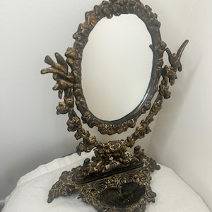 Vintage Antique Large vanity mirror ornate cast iron bronzed swivel mirror ornate tabletop mirror Victorian art deco art nouveau style