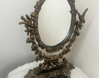 Espejo de tocador grande antiguo vintage, espejo giratorio de hierro fundido adornado en bronce, espejo de sobremesa adornado, estilo art nouveau victoriano art déco