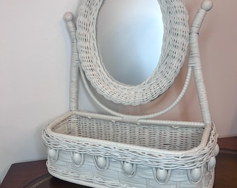 Vintage wicker vanity mirror with basket rattan mirror swivel mirror tabletop mirror cottage core mirror home decor vintage vanity mirror