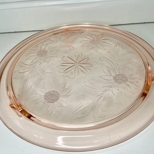 Vintage Pink Depression Glass Footed Cake Plate Serving platter Sunflower design by Jeannette MCM decor Cottagecore valentines table decor