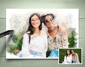 Best Friends Portrait, Personalized Gifts, Digital Watercolor From Photo, Gift, Gift For Her, Valentines Gift, Besties, Christmas