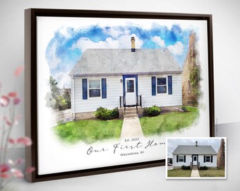 Personalized Housewarming Gift, House Portrait, Custom Artwork, Digital Watercolor, Bespoke Painting, Framed Canvas Print, New Home Gift