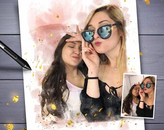 Best Friends Portrait From Photo,  Portrait From Selfie, Besties Gift, Artwork From Photo, Friendship Gift, Christmas Gift For Best Friend