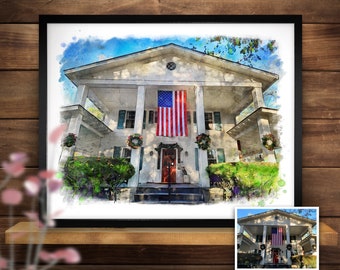 Family House Portrait, Custom Artwork, Personalized Picture, Photo To Watercolor, Framed Canvas Print, Gift For Parents, Home Present