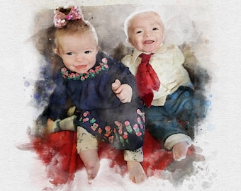 Custom Kids Portrait From Photo Digital Watercolor Painting From Picture Personalized Family Portrait Mothers Day Gift Fathers Day Gift