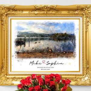 Verlobungsgeschenk, individuelles Aquarell vom Foto, Kartendruck, Verlobungsort, Liebesgeschichte, Verlobungsort, Erinnerungsgeschenk, Hochzeitsgeschenk
