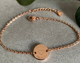 Heart & name/s bracelet 13 mm/ 14 mm or 16 mm plate with engraving personalized, stainless steel 18k gold plated, color selectable gold silver rose gold