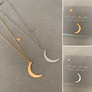 Necklace crescent moon & star stainless steel color selectable silver or gold