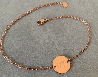 Armband 13mm Plättchen mit Gravur Personalisiert mit einen Buchstaben, Edelstahl 18 Karat vergoldet, Farbe wählbar Gold Silber Rotgold