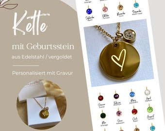 Personalisierte Kette mit Gravur & Geburtsstein  / Kette mit Gravur / Edelstahl  / Silber / Gold / Roségold vergoldet