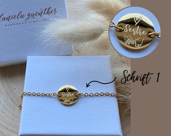 Personalisiertes Armband mit Gravur / Schwester / Sister 14mm oder 16mm Edelstahl / 18 Karat vergoldet, Farbe wählbar Gold Silber Roségold