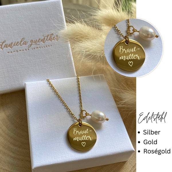 Personalized mother of the bride necklace / 18 mm plate / stainless steel 18 carat gold plated / necklace with engraving / wedding / silver / gold / rose gold