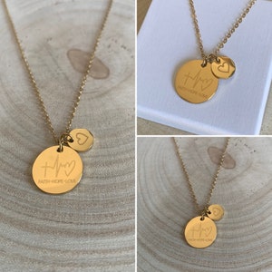 Necklace with engraving and 2 plates 18 mm & 10 mm / FAITH*HOPE*LOVE and heart / Personalized necklace / Stainless steel 18 carat gold-plated /