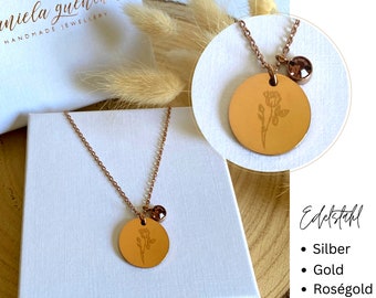 Personalized Engraved Birthstone Necklace Birth Flower / Engraved Necklace / Stainless Steel / Silver / Gold / Rose Gold Plated