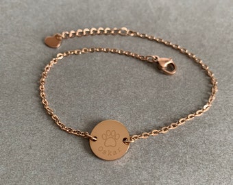 Pfote & Name Armband 13mm Plättchen mit Gravur Personalisiert, Edelstahl 18 Karat vergoldet, Farbe wählbar: Silber / Gold / Roségold