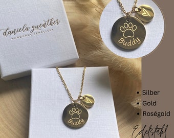 Personalisierte Halskette 18mm Plättchen Pfote & Name /  Kette mit Gravur in Edelstahl  /  Farbe wählbar Silber / Gold/ Roségold