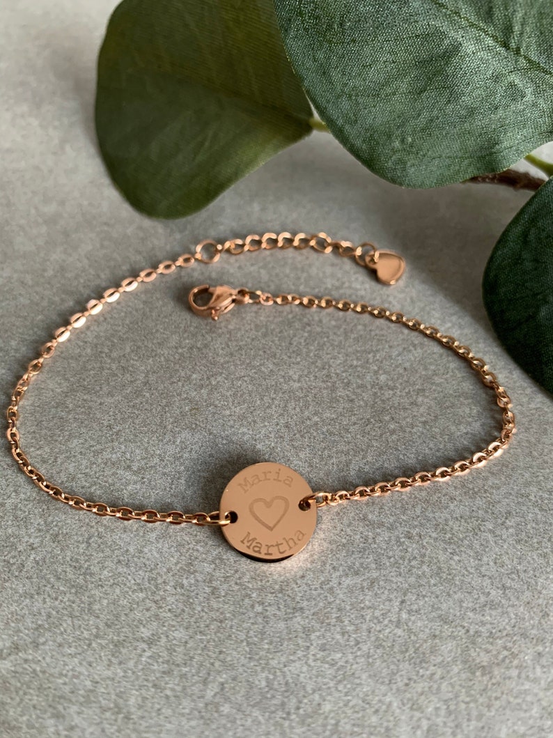 Heart & name/s bracelet 13 mm/ 14 mm or 16 mm plate with engraving personalized, stainless steel 18k gold plated, color selectable gold silver rose gold image 1