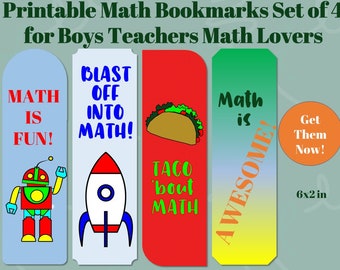 Math Printable Bookmarks For Kids Boys Teachers | Set of 4 | Book Lover Gift | Instant Digital Download | Book Accessory | Reader Supply