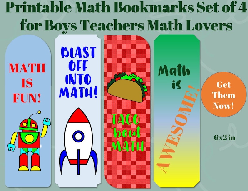 Math Printable Bookmarks For Kids Boys Teachers Set of 4 Book Lover Gift Instant Digital Download Book Accessory Reader Supply image 1