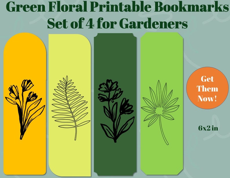 Green Floral Printable Bookmarks for Gardeners Set of 4 Book Lover Gift Instant Digital Download Book Accessory Reader Supply image 1