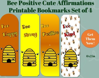 Bee Positive Cute Affirmations Printable Bookmarks | Set of 4 | Book Lover Gift | Instant Digital Download | Book Accessory | Reader Supply