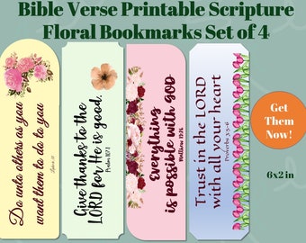 Bible Verse Floral Printable Bookmarks | Set of 4 | Book Lover Gift | Instant Digital Download | Book Accessory | Reader Supply