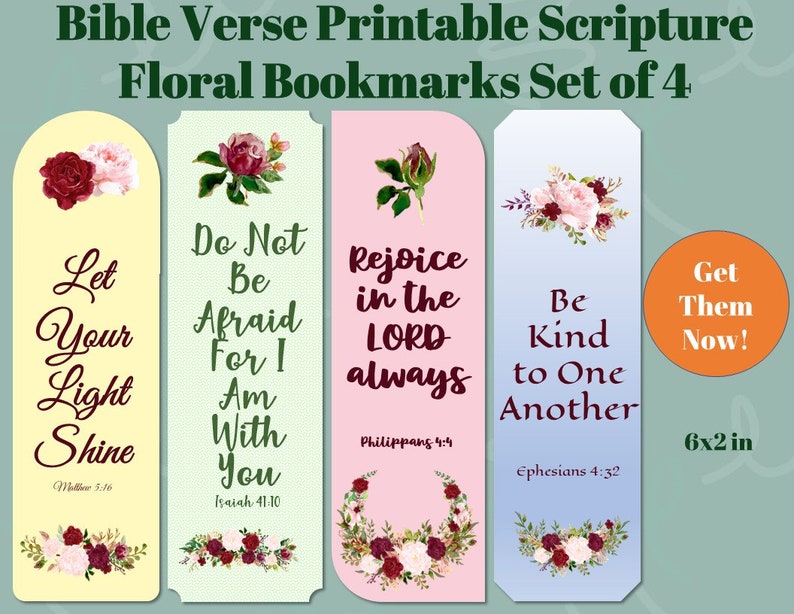 Bible Verse Scripture Printable Bookmarks Set of 4 Book Lover Gift Instant Digital Download Book Accessory Reader Supply image 1