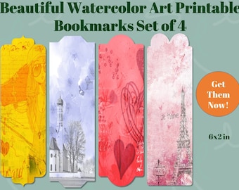 Beautiful Watercolor Art Printable Bookmarks | Set of 4 | Book Lover Gift | Instant Digital Download | Book Accessory | Reader Supply